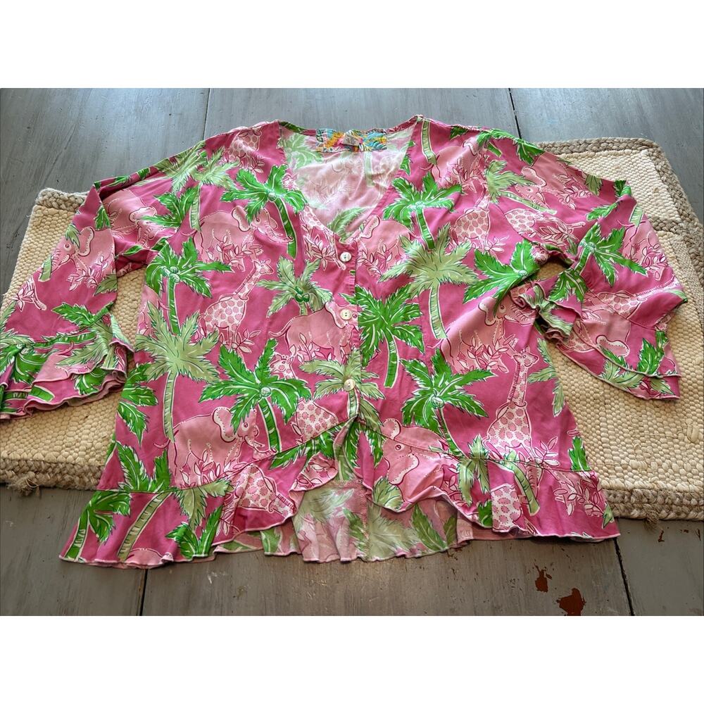 Palm Key Pink Green Elephant Giraffe Tree Print Button Front Shirt Ruffle Sz XL